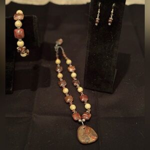 Handmade Red and Cream Jasper Necklace-Bracelet-Earrings Set